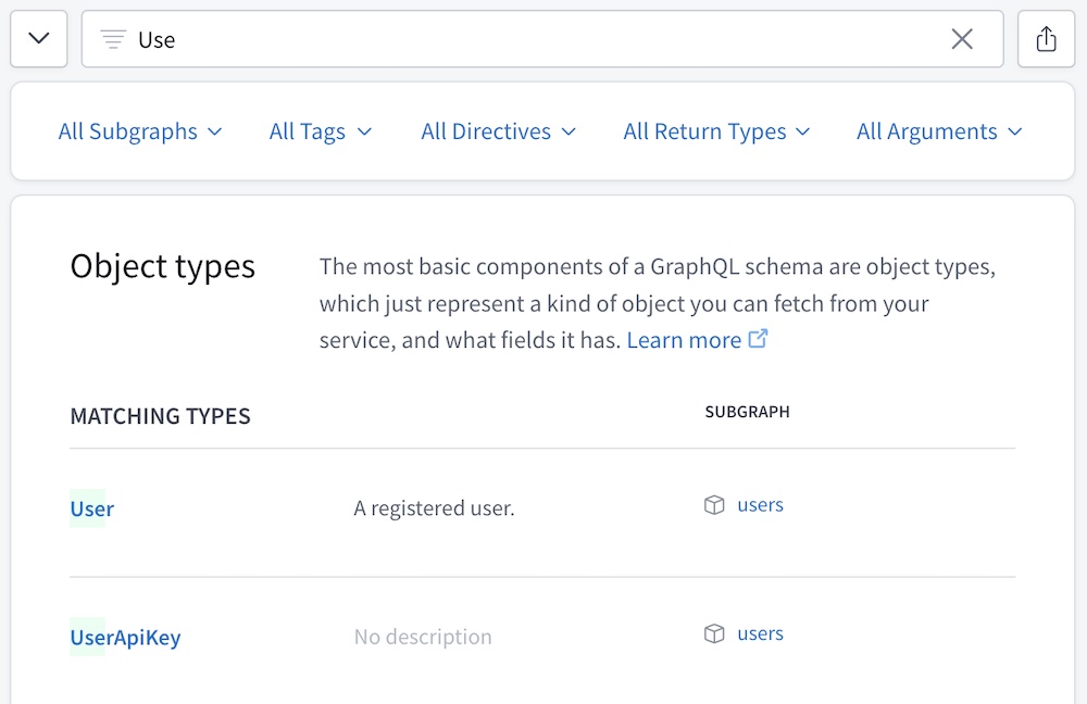 Schema page filter box and dropdowns